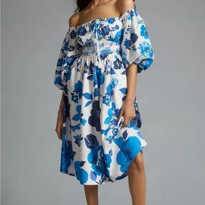 ANTHRO Plenty by Tracy Reese Off-The-Shoulder Puff-Sleeve Smocked Dress. SZ: S